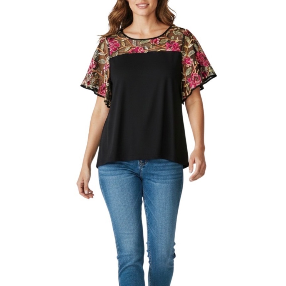 Suzanne Betro Womens‎ Black Floral Embroidered Mesh Flutter Sleeve Top Size M